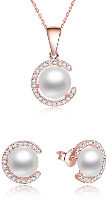 Beneto Pozlátená súprava šperkov zo striebra s pravými perlami AGSET285P-ROSE (náhrdelník, náušnice)