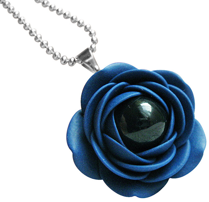 Troli Modrý náhrdelník s čiernou perličkou kvetinky